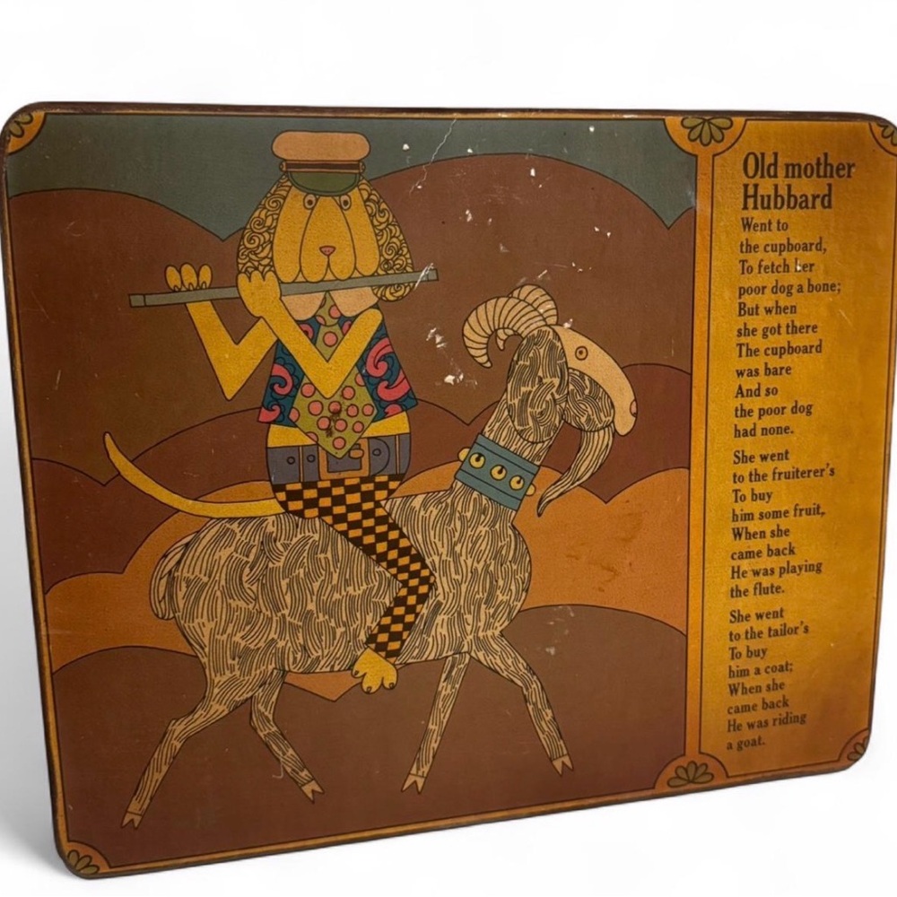Vintage 1970s nursery rhyme Old Mother Hubbard dog goat  wooden wall decor